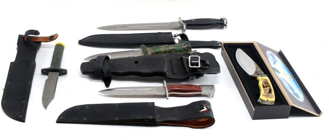 LOT OF 5 KNIFE LOT PARKER BROS AK 47 CHINA & MORE: 5 knives: Parker Bros. Japan knife with camo metal grip, AK-47 CCCP with wood grip, knife bayonet China, Parker Bros. Japan serrated with plastic grip, and one cased knife with carved faux bone grip, 
