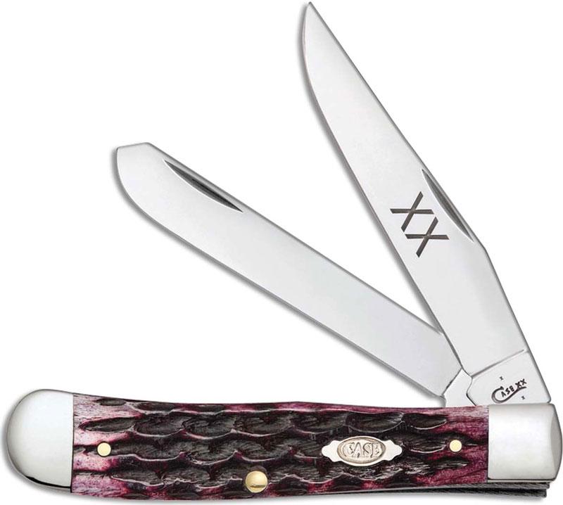 CASE XX KNIFE JIGGED CABERNET BONE HANDLE: Knife is approximately 3 and 5/8 inches long folded. The handle is cabernet bone jigged. The blade material is Tru-Sharp Surgical Stainless Steel. This lot has a reserve.