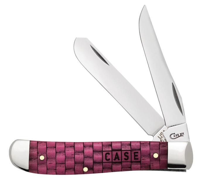 CASE KNIFE MERLOT COLOR WASH MEDIUM STOCKMAN: Knife is approximately 3 and 5/8 inches long folded. The handle is merlot color wash blonde with basket weave pattern. The blade material is Tru-Sharp Surgical Stainless Steel. Weighs approximately 2.