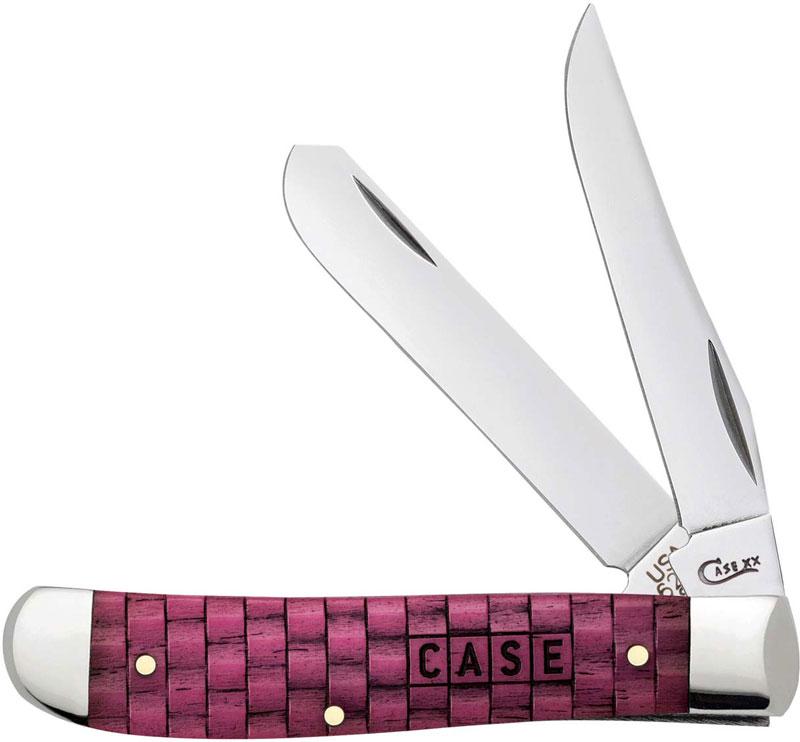 CASE KNIFE SMOOTH BONE MERLOT COLOR WASH TRAPPER: Knife is approximately 4 and 1/8 inches long folded. The handle is smooth bone merlot basket weave pattern. The blade material is Tru-Sharp Surgical Stainless Steel. This lot has a reserve.