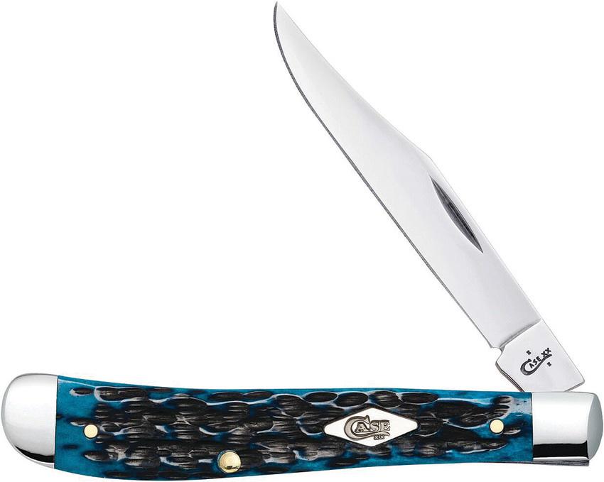 CASE KNIFE OCEAN BLUE BONE HANDLE SLIMLINE TRAPPER: Knife is 4 and 1/8 inches long folded. The handle is jigged ocean blue bone. The blade material is Tru-Sharp Surgical Stainless Steel. This lot has a reserve.