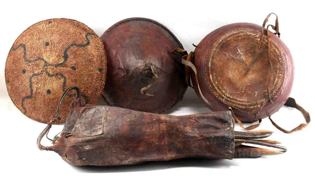 ETHNOGRAPHIC FOOD GATHERING BASKET AND POUCH LOT: Lot of 3: hide and straw woven basket with lid cover, height 11 inches with 13 inch diameter, open straw woven gathering basket with geometric pattern painted on underside, 3 inch depth with 14 inch d