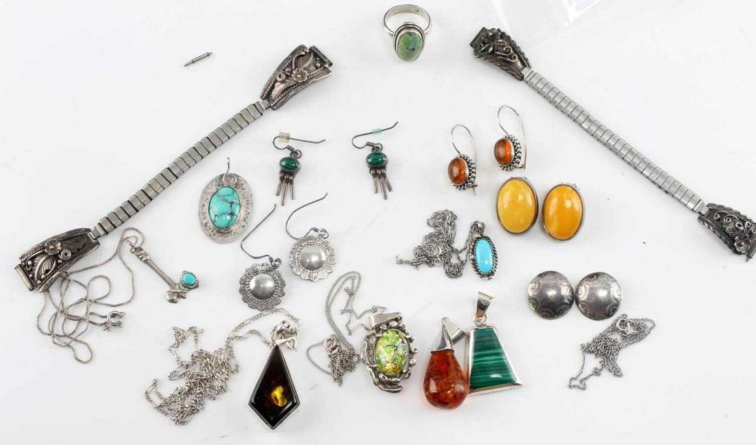 STERLING SILVER AMBER TURQUOISE JEWELRY LOT: Assorted old pawn to modern sterling silver jewelry with malachite, turquoise, amber and glass. Ring size 8 Total weight 112 grams.