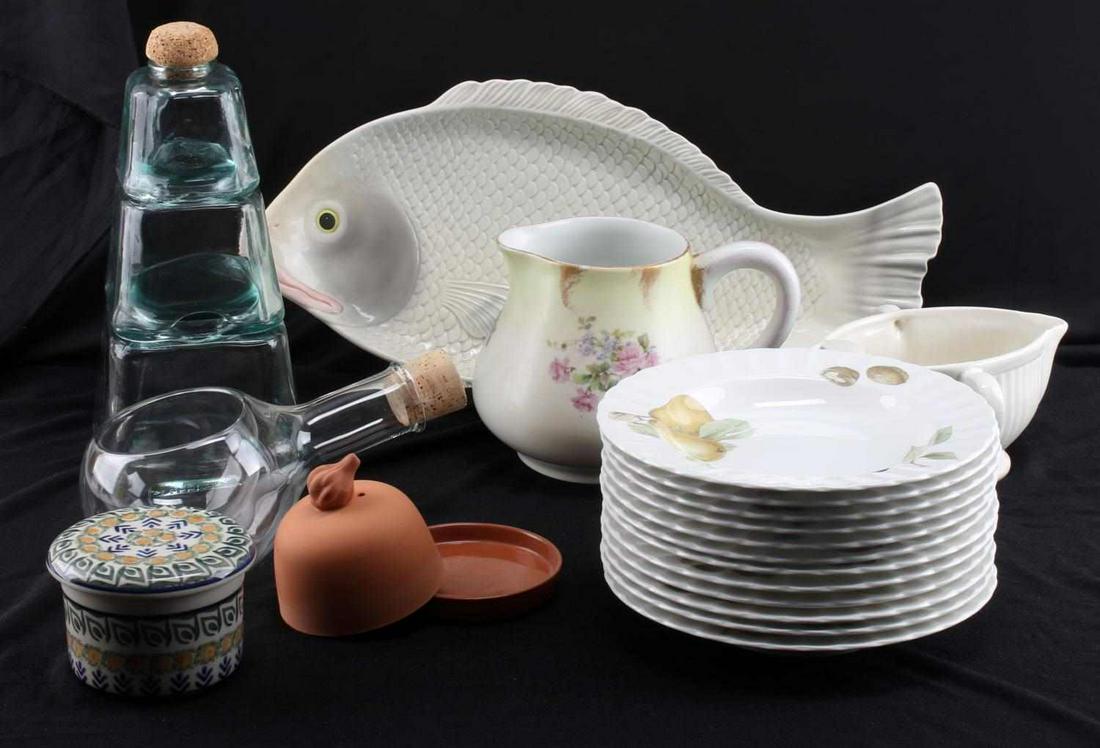 LOT OF PORCELAIN WARES FISH TEA BUTTER PLATES: Lot includes: 19 inch porcelain fish platter (FF 1986), Polish butter crock, terra cotta garlic crock, gravy boat, three-tier aqua glass tea/spice storage container (12 inches), Limoges porcelain pitc