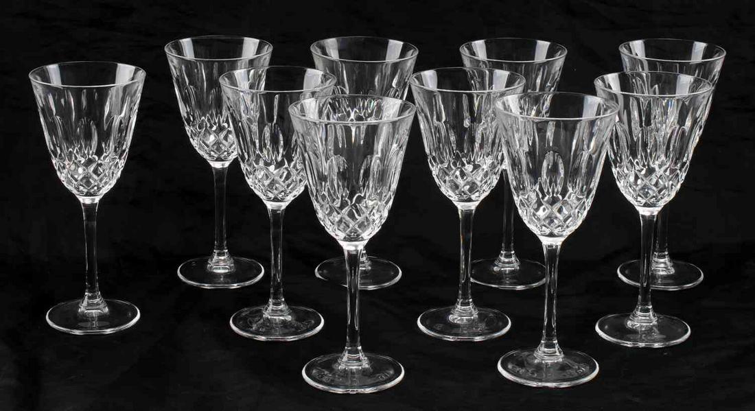 LOT OF 10 CRYSTAL GLASS WINE GLASSES 7 INCH: Oval design with diamond design underneath, 7 inches tall. Very good condition. No chips, cracks, or repairs. Unknown maker.