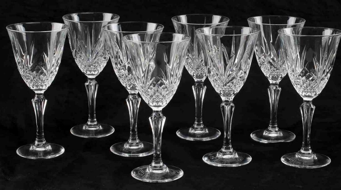 LOT OF 8 CRYSTAL RED WINE GLASSES OVER 7 INCH: Carved design to each, stands 7 3/8 inches tall. Very good condition. No chips, cracks, or repairs.