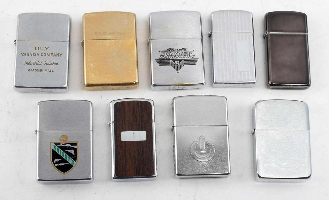 VINTAGE ZIPPO ADVERTISING LIGHTER LOT OF 9: Vintage Zippo Advertising Lot of 9. The advertisements in the lot includes 1992 Harley Davidson Sturgis Rally, Lilly Varnish Company, Knights Custom Gun Shop. The lot also includes three mini Zippos a