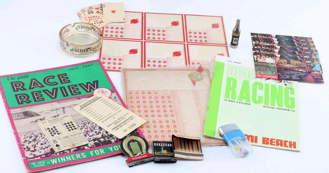 GAMBLING MEMORABILIA LAS VEGAS 1940S TO 1970S: Lot of gambling and betting memorabilia from Las Vegas, Nevada, spanning 4 decades: The Guild Race Review magazine from 1947, 2 push out betting cards with names of people in alphabetical order, Dog r