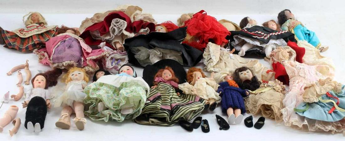 ANTIQUE VINTAGE BABY DOLL LOT: Assorted small vintage and antique baby dolls with a few accessories and some spare parts. Most have moveable eyes and limbs, some are fragile and all display use wear.
