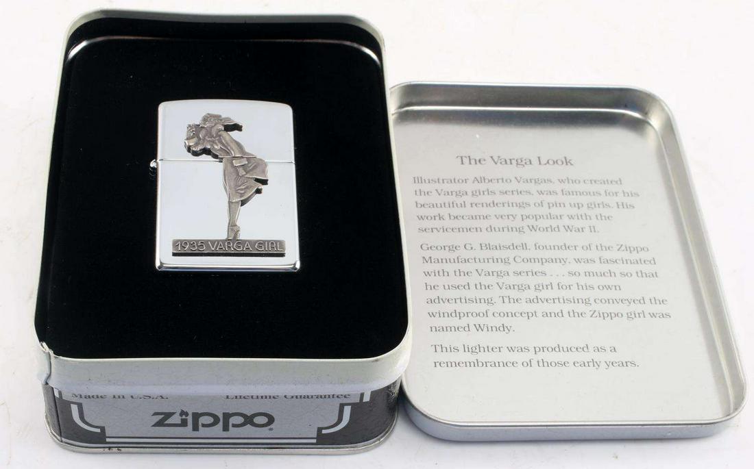 THE VARGA GIRL 1935 ZIPPO LIGHTER TRIBUTE MIB: Even the sticker is on lighter, "the Varga Girl". Very desirable.