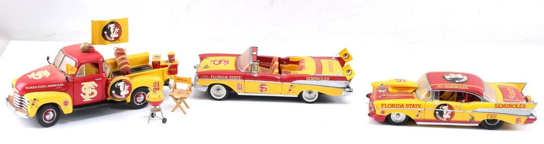 3 FLORIDA STATE SEMINOLES DIESAST DANBURY MINT CAR: 2 Chevy Bel Air and a pickup, 1/24 scale, highly detailed.