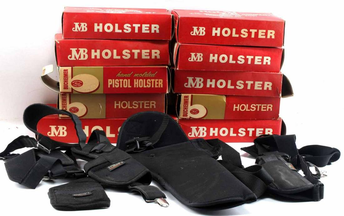 LOT OF BUCHEIMER LEATHER HOLSTERS IN BOXES & MORE: 10 Buchmeimer holsters are in original boxes for Colt Python, Pacemaker, Peacemaker, Ruger and more. Plus 2 nylon shoulder Sidekick size 5, and 1 large nylon shoulder holster for large revolver. Very 