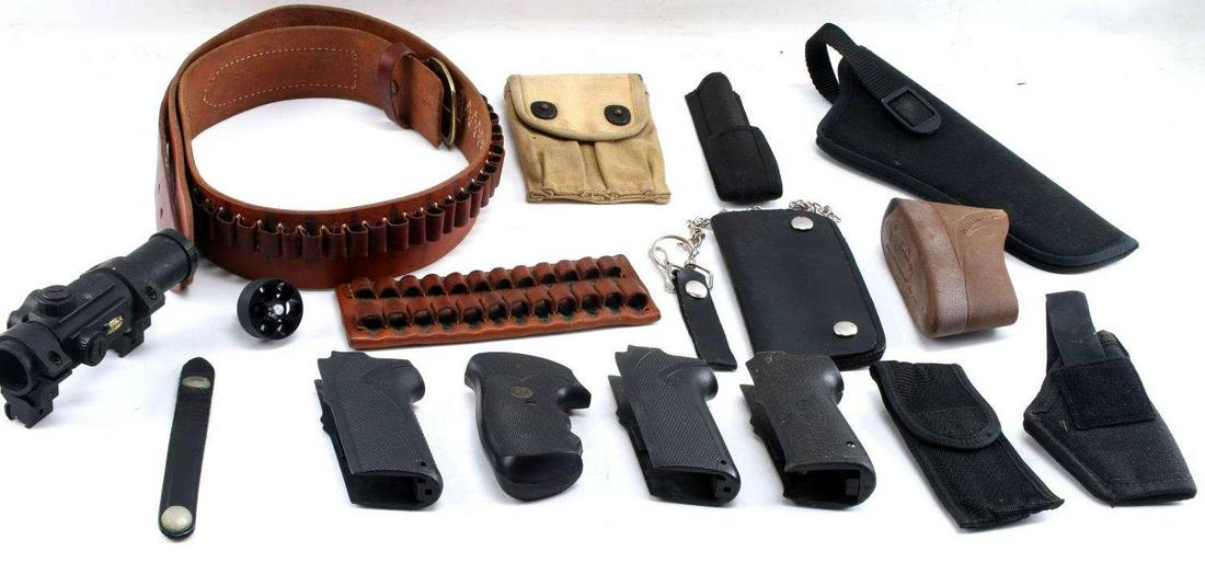 LOT OF GUN ACCESSORIES HOLSTERS AMMO BELT SCOPE: Includes: BSA Red Dot scope, leather ammo belt for .38 cal, pistol grips, canvas ammo pack and more. Good condition.