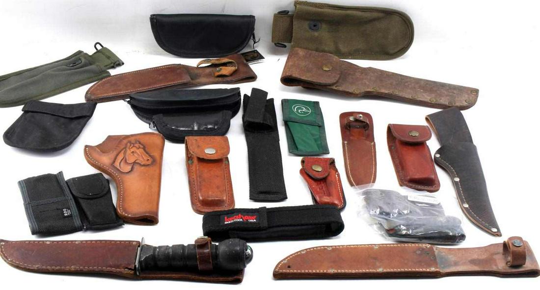 LOT OF KNIFE AND GUN HOLSTERS LEATHER MORE KNIFE: One knife with a 6 inch blade, Taiwan, with synthetic grip and compass pommel,plus many holsters, all sizes, all materials. See photos.