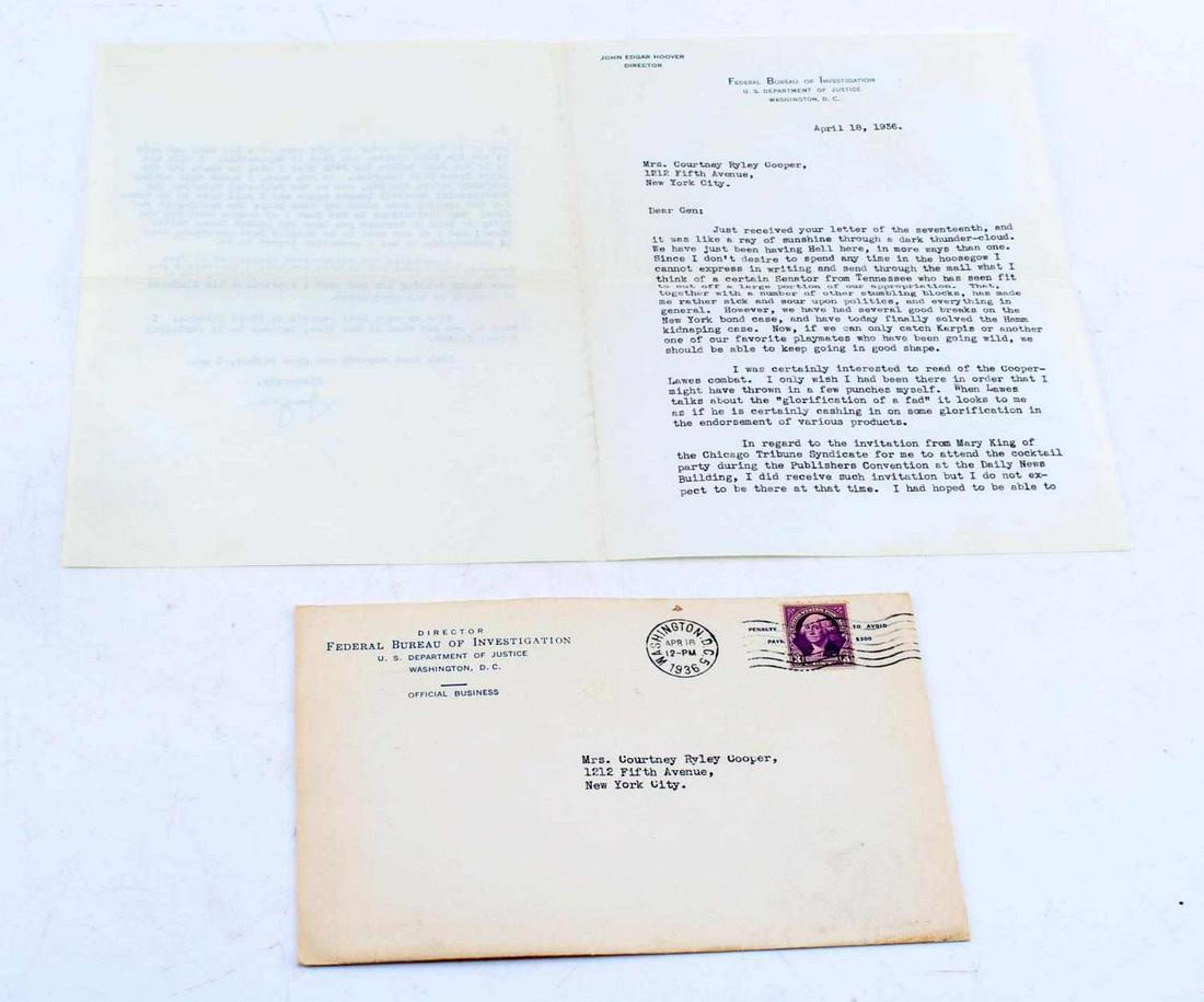 FBI DIRECTOR J EDGAR HOOVER SIGNED PERSONAL LETTER: FBI Director J. Edgar Hoover Signed Personal Letter. Complete with the original envelope the letter was in. Addressed to "Courtney Ryley Cooper". The FBI watermark is on the paper as well as the FBI l