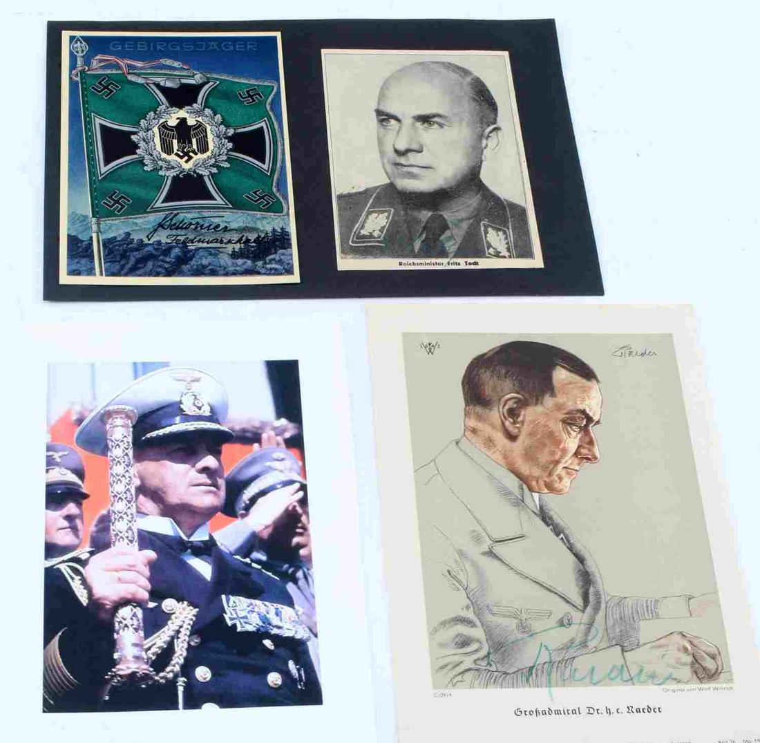 WWII GERMAN NSDAP LEADERS SIGNED POST & CLIPPING: One re-printed newspaper clipping of Fritz Todt, signed in green, one re-printed von Wolf Willrich book page of Erich Raeder, signed at bottom, 8 3/8 X 5 7/8 inches, also a scanned photo of him in uni