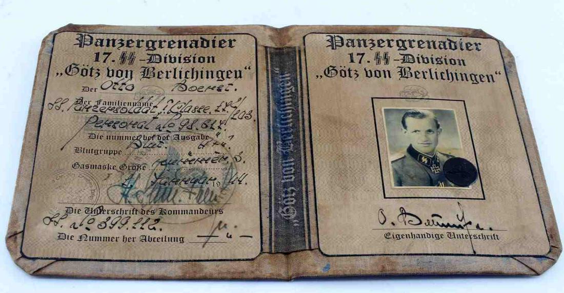 WWII GERMAN THIRD REICH SS PANZER DIVISION AUSWEIS: WWII German Third Reich SS Panzer Division Ausweis. Awarded to "Otto Boehrst". From the 17th SS Division "Gotz von Berlichigen". Measures 5.25 by 4 inches. Very good condition. Unauthenticated; sold a