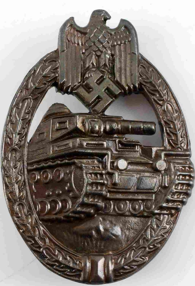 WWII THIRD REICH GERMAN PANZER BADGE BRONZE: Bronze color Panzer badge with straight pin back. No markings. Unauthenticated, sold as is.