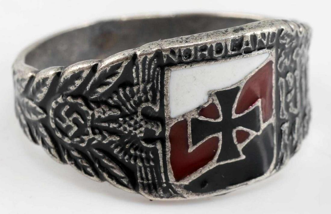 WWII GERMAN WAFFEN SS VIKING DIVISION SILVER RING: Enamel Iron Cross within shield at front center, Wiking engraved to right side and Reichsadler at left. 800 marked at rear of band. Size 13, weighs 5.5 grams. Unauthenticated, sold as is. This lot has
