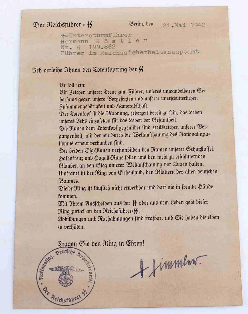 WWII THIRD REICH GERMAN AWARD STAMPED HIMMLER: Award given to Untersturmfuehrer Hermann Koestler along with Totenkopf ring (ring not present, only award), and stamped with Heinrich Himmler signature. Unauthenticated, sold as is. This lot has a res