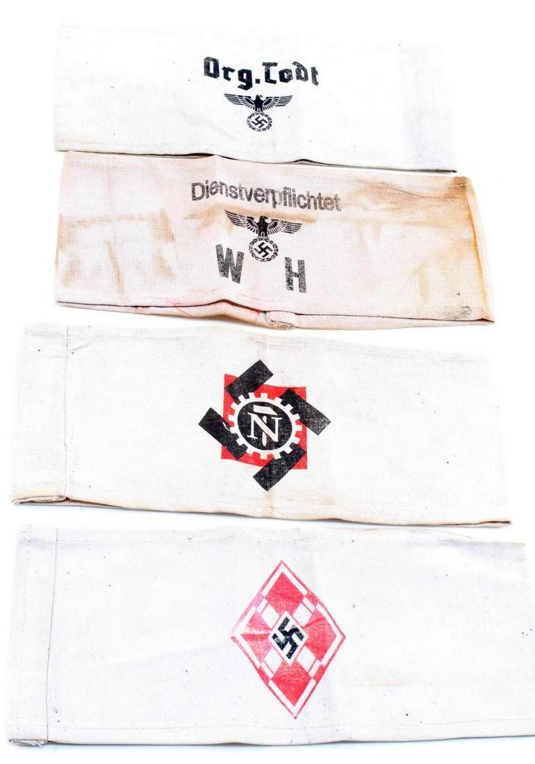 WWII GERMAN THIRD REICH HITLER YOUTH ARM BAND LOT: WWII German Third Reich Hitler Youth Arm Band Lot. Includes Hitler Youth, DAF, Organisation Todt, and a Conscription armband. All Measures approximately 9 inches long. Good condition. Unauthenticated;