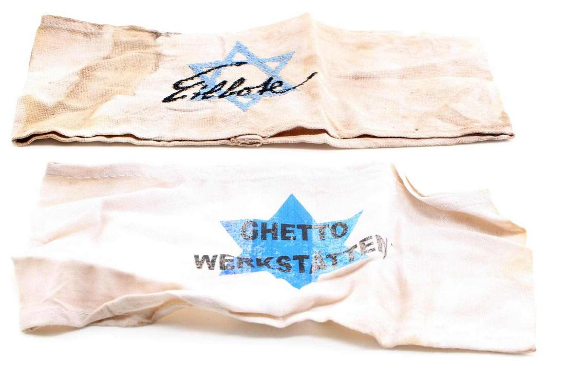 WWII GERMAN 3RD REICH HOLOCAUST GHETTO ARMBAND LOT: WWII German Third Reich Holocaust Ghetto Arm Band Lot of 2. The arm bands translate to "Ghetto Workshop" and "Ghetto Messenger". Heavy discoloration on each arm band. One is screen printed and the oth