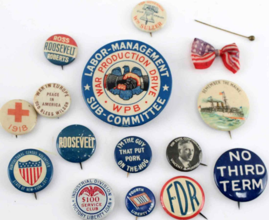 PINBACK BUTTON LOT POLITICAL REMEMBER MAINE MORE: Good collection of pinback buttons, Wilson, Roosevelt, Red Cross, Maine and more, as photographed