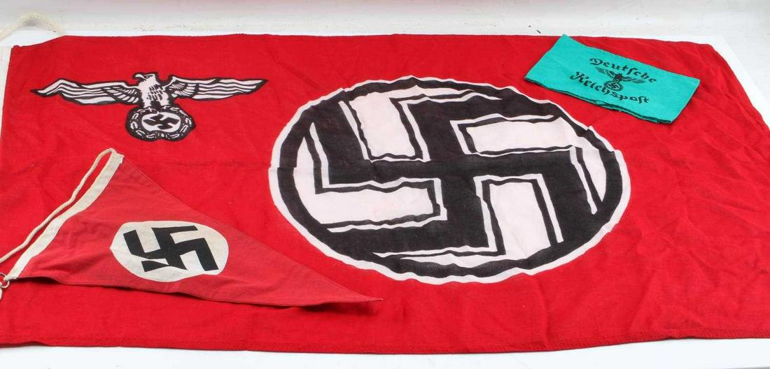 WWII THIRD REICH GERMAN NSDAP PENNANT STATE FLAG: WWII Third Reich German State Service flag measuring 30 inches by 22 inches, in good condition. NSDAP Pennant measuring 13 inches by 6 inches, with staining throughout. Deutsche Reichsport armband. Al