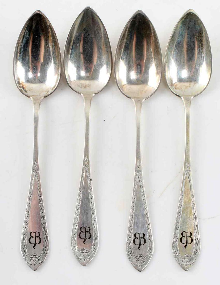 WWII GERMAN THIRD REICH EVA BRAUN TEA SPOON LOT 4: WWII German Third Reich Eva Braun Tea Spoon Lot of 4. Composed of 800 silver. "Herr W. Reinke und Frau" etched on the rear of the spoon. "800 Max Bach" is stamped on the rear. Measures 5.25 inches lon