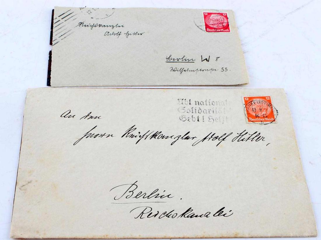 LOT OF 2 WWII GERMAN COVERS ADDRESSED TO HITLER: Lot of 2 WWII German 3rd Reich covers addressed to Adolf Hitler. Larger cover measures 7.25 by 4.75 inches, hand written address in black ink on envelope, with canceled stamp in right corner. Second c