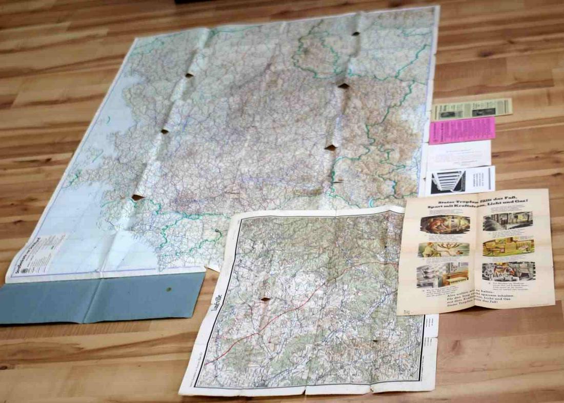 WWII THIRD REICH LOT OF 7 COMMERATIVE PAPER GOODS: Lot of 7 various paper goods from WWII Germany. Lost includes a bi-folded propaganda poster, a 1940s map of German road networks, commemorative Herman Goring advertisement, commemorative German map of