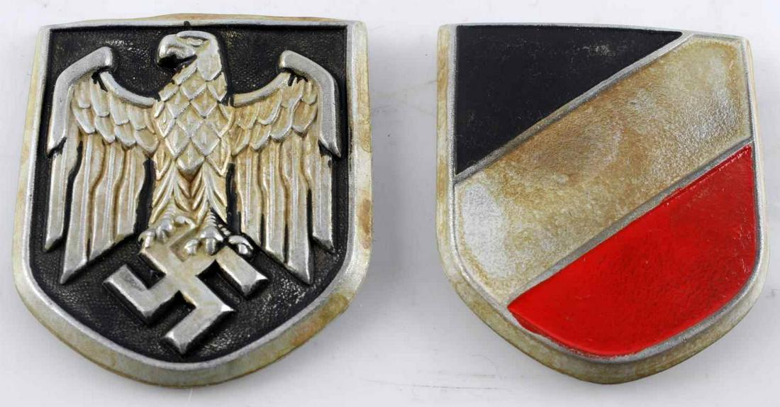 WWII GERMAN THIRD REICH HEER PITH HELMET SHIELDS: Group of 2 German WWII shields for the Heer pith helmet. Both have two prongs on back. Some oxidation and discoloration on front and back of shields. Good condition. unauthenticated, sold as is.