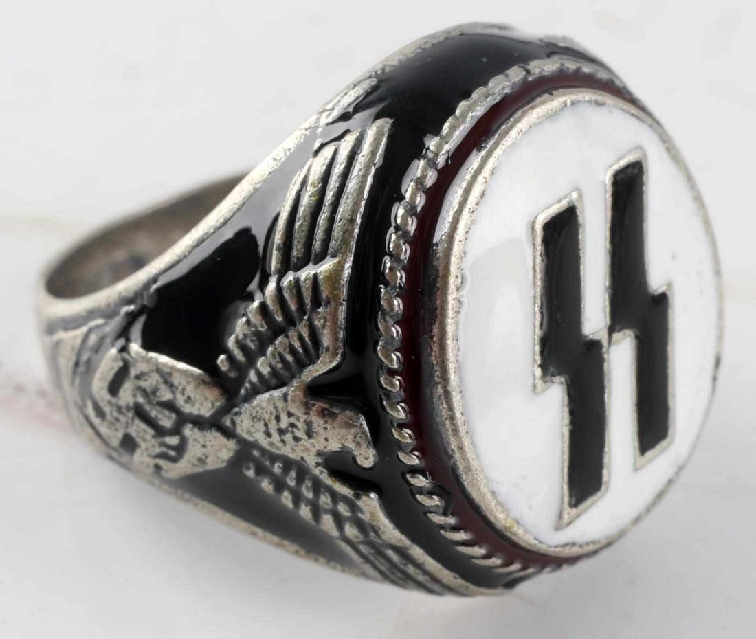 WWII GERMAN WAFFEN SS ENAMELED SILVER RING: German WWII Waffen SS enameled silver ring. Rings face measures approximately 3/4 inch and the band is size 10.5. The outside of band is stamped with a "800" silver marking as well as a small SS stamp