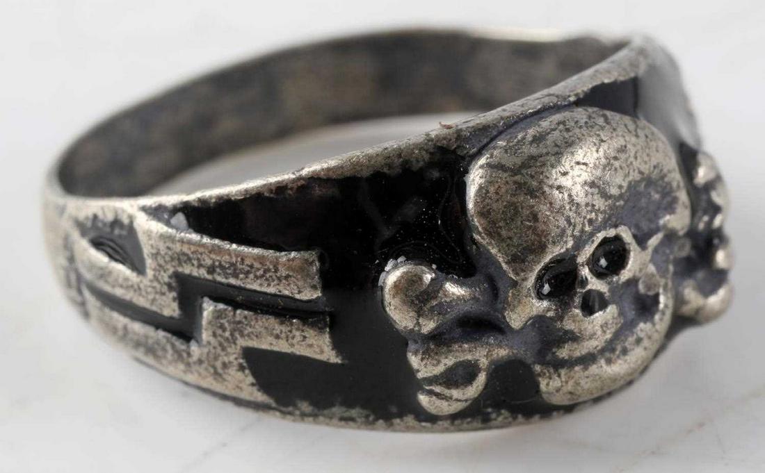 WWII GERMAN SS MOUNTAIN TROOP ENAMELED SILVER RING: German WWII Waffen SS Mountain Troops enameled silver ring. Face of rings design is slightly smaller than 1/2 inch and ring is size10.5. Outside of band is stamped with "800" silver marking. Very good
