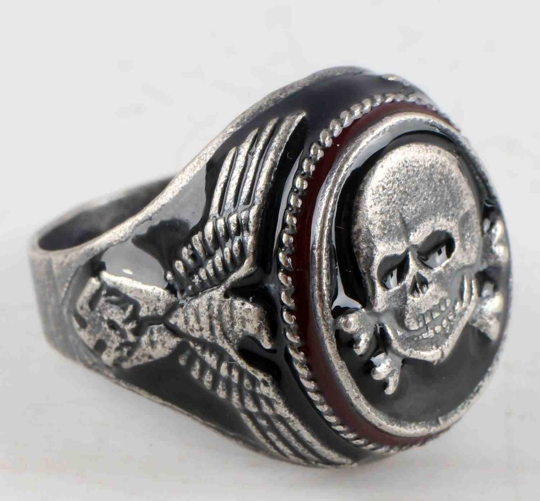 WWII GERMAN WAFFEN SS TOTENKOPF SILVER RING SZ 11: Silver ring with enamel, Totenkopf at front and eagle on each side, marked 800 to back. Size 11. Very good condition. Unauthenticated, sold as is. This lot has a reserve.