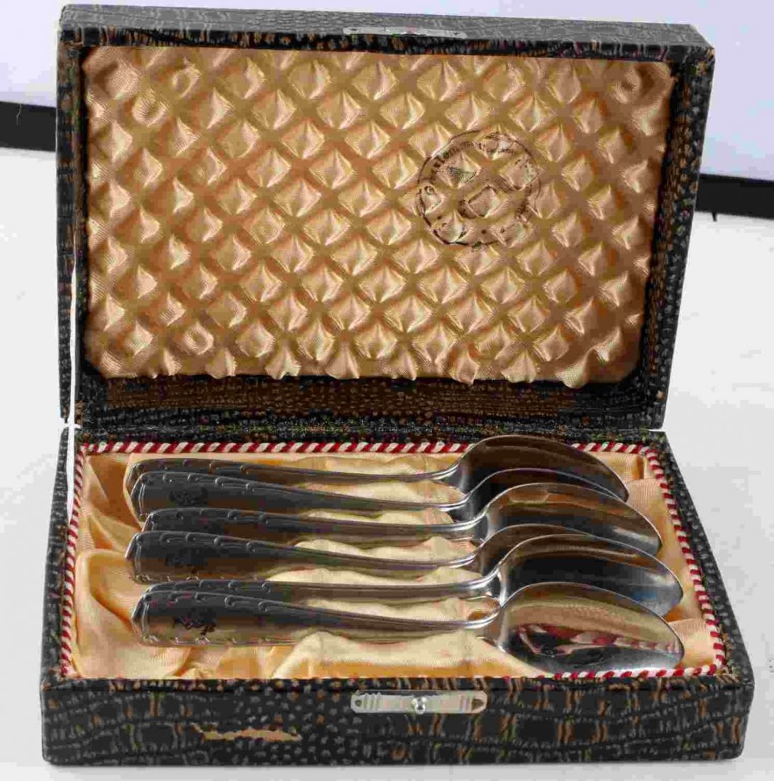WWII GERMAN 3RD REICH AFRICA TEA SPOONS 6 WITH BOX: Set of 6 German WWII Africa Campaign tea spoons in crocodile style skin box. Box's interior has silk style padded interior with makers stamp. Box measures 7x4.5 inches and 2 inches tall. Small 1 inch 