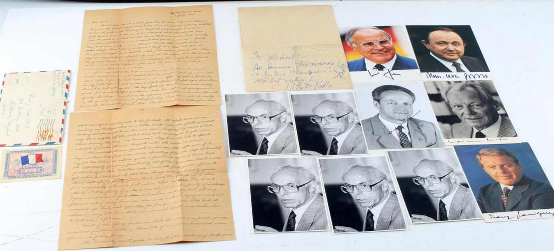 POLITICAL AND CULTURAL AUTOGRAPH LOT OF ELEVEN: Political and Cultural Autograph Lot of 11. Lot icludes signatures from the likes of Hans-Dietrich Genscher, Helmut Kohl, Kurt Waldheim, Willy Brandt, D.N Kelly and Indy 500 winner Pete Depalo Lot is 