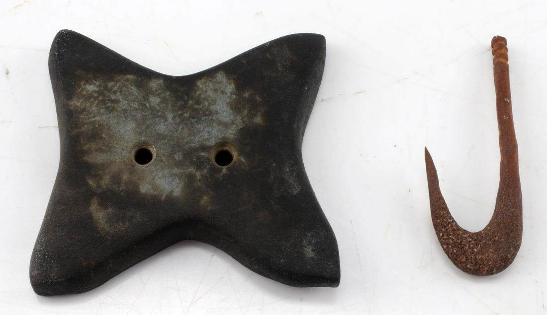 WOODLAND PERIOD BONE FISHHOOK & 2 HOLE GORGET: Rich black stone gorget 2 3/4 by 2 7/8 inch gorget, also very nice bone fishhook, Tennessee finds.