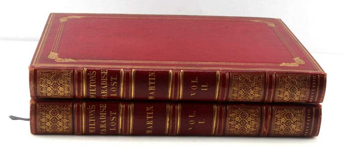 1827 EDITION PARADISE LOST TWO VOLUMES WITH PRINTS: Two volume set of Milton's "Paradise Lost" featuring illustrations from prints designed by John Martin. Printed 1827, London. Books measure 15 inches by 11 inches. Moderate foxing throughout, binding