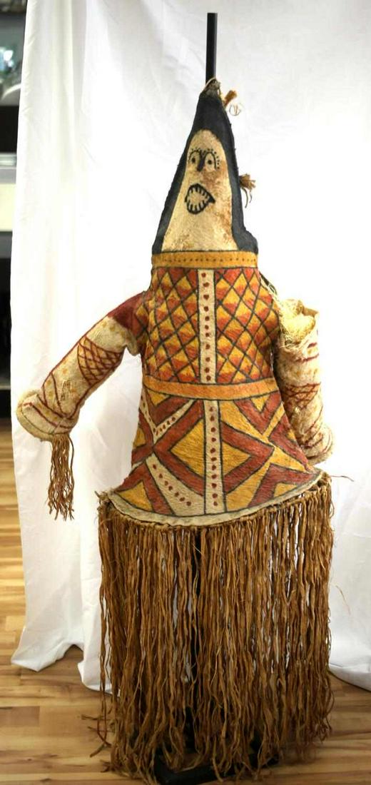 CUBEO ONYE NATIVE DANCE BURIAL CEREMONY MASK: Painted, knee-length, hooded mask worn at the height of the 3 day mourning ceremony known as "the weepings" celebrated by the Cubeo, who live along the forested banks of the Uaupés River in Brazil an