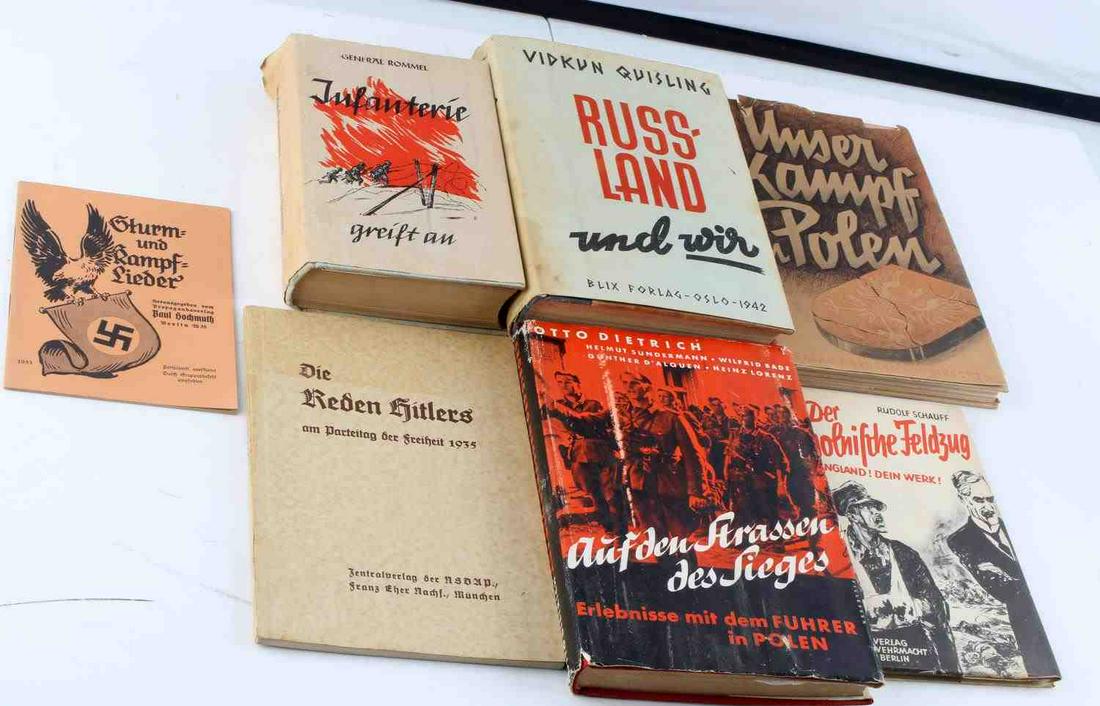 WWII GERMAN THIRD REICH PROPAGANDA BOOK LOT ROMMEL: Great collection of books and propaganda ephemera, includes Infantry Fighting By General Rommel first edition, Russland, NSDAP ephemera, and more.