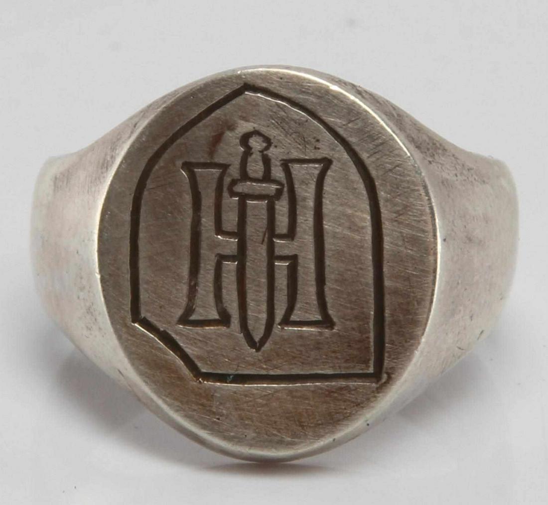 WWII GERMAN 3RD REICH SS HOHENSTAUFEN SILVER RING: Size eleven. Marked and tested as silver. 9th ss panzer Division insignia ring. This lot has a reserve.