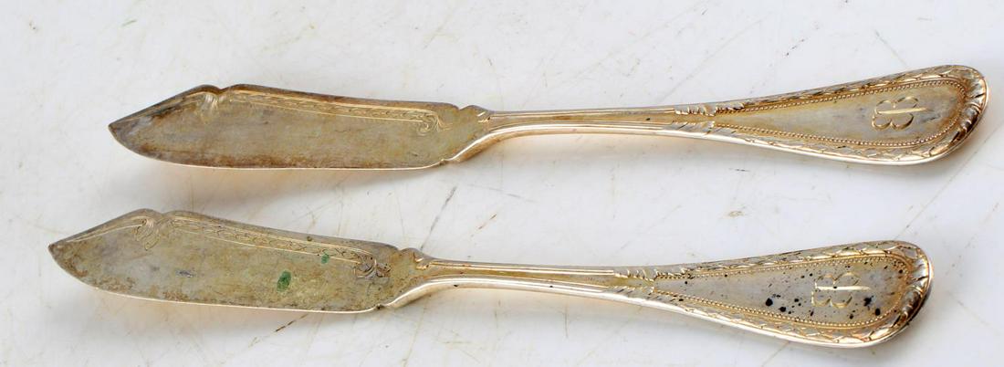 2 WWII GERMAN THIRD REICH EVA BRAUN FISH KNIFE: Hallmarked and stamped .800 silver each, atypical Eva Braun butterfly monogram "EB", very good original condition.