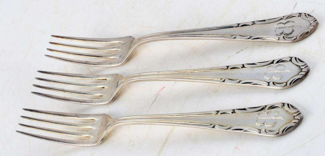 WWII GERMAN THIRD REICH EVA BRAUN SILVERWARE: All table forks A&H 100 maker stamped, atypical "EB" butterfly style monogram.