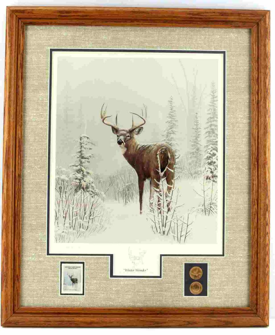 NATIONAL PARKS SERIES WINTER WONDER PRINT W STAMP: National Park Series WINTER WONDER LTD ED Print Bb Leo Stans 1990 with stamp and two 22 K Gold Leaf coins. Dimensions: framed 24 X 20 inches