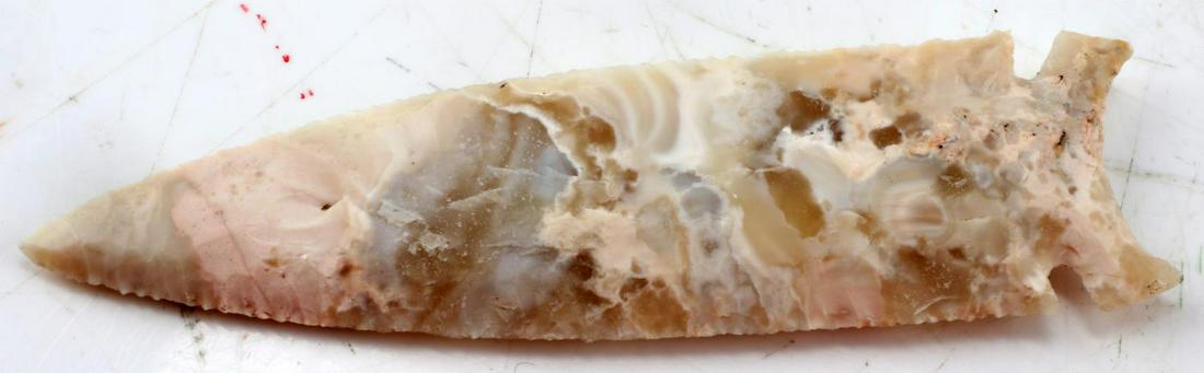 NATIVE AMERICAN CARVED OHIO FLINT ARROWHEAD: Native American side notched arrowhead chipped from Ohio River valley area flint. Measures 4.50 inches by 1.25 inches. Great condition. Unauthenticated; sold as is.