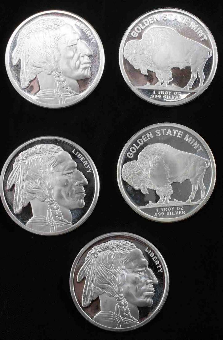 1 TROY OZ .999 FINE SILVER BUFFALO ROUND LOT OF 5: Lot of 5, Golden State Mint , 1troy ounce .999 fine silver non-circulated silver rounds with a rendition of James Earle Fraser's classic design of the Buffalo Nickel issued in 1913. This lot has a res