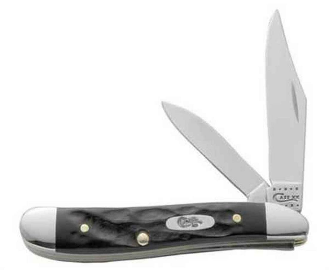 CASE KNIFE JIGGED ROUGH BLACK SYNTHETIC PEANUT: Knife is 2.75 inches long folded. The handle is jigged synthetic black delrin. The blade material is Tru-Sharp Surgical Stainless Steel. This lot has a reserve.