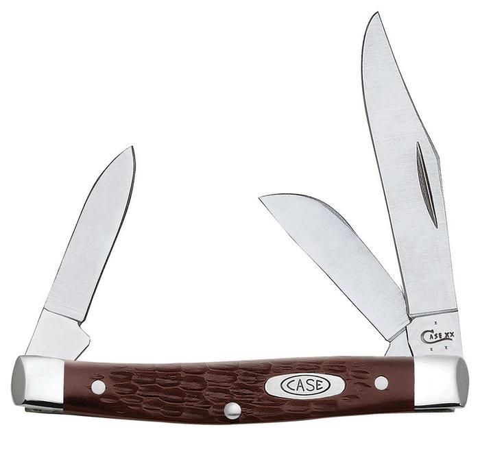CASE KNIFE BROWN SYNTHETIC MEDIUM STOCKMAN: Knife is approximately 3.25 inches long folded. The handle is brown Delrin synthetic. The blade material is Tru-Sharp Surgical Stainless Steel. This lot has a reserve.