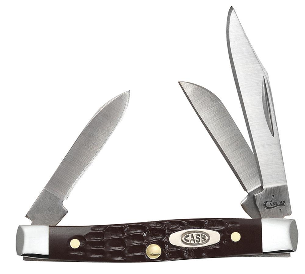 CASE KNIFE BROWN SYNTHETIC MEDIUM STOCKMAN: Knife is approximately 3.25 inches long folded. The handle is brown Delrin synthetic. The blade material is Tru-Sharp Surgical Stainless Steel. This lot has a reserve.
